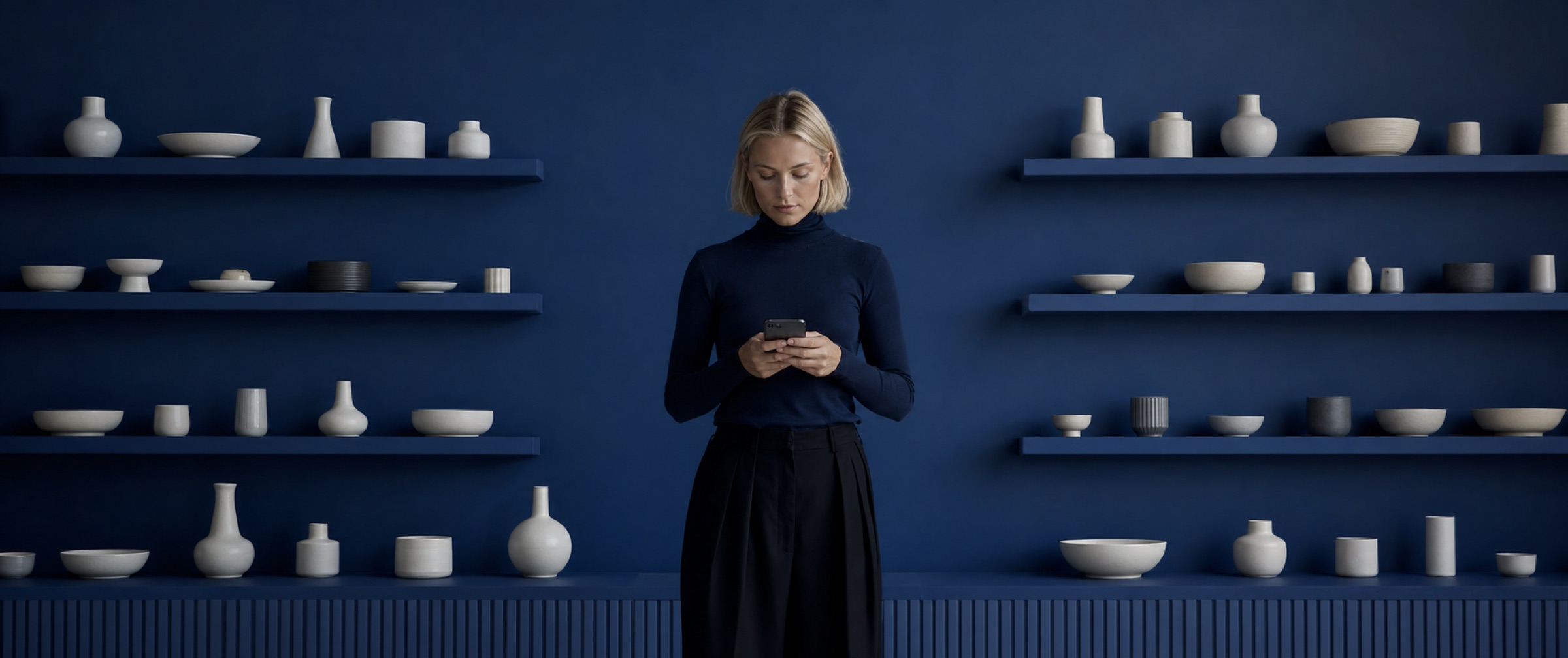 A founder in her showroom, typing a website request on her phone in the evening