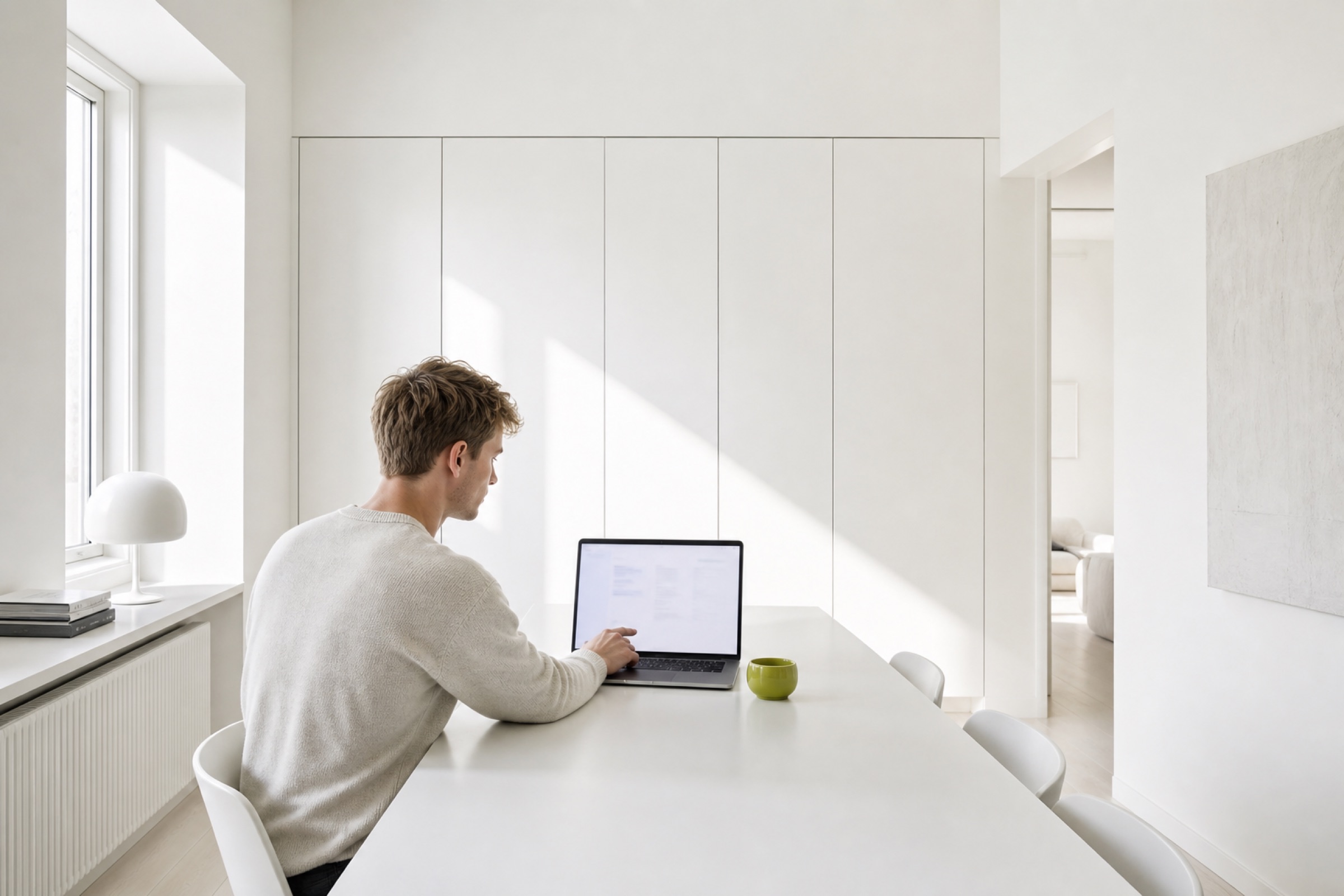 A person reviewing a request over coffee in a bright apartment